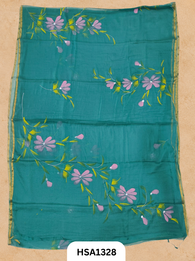 Chiffon Zari Border Saree - Hand Brush Painted