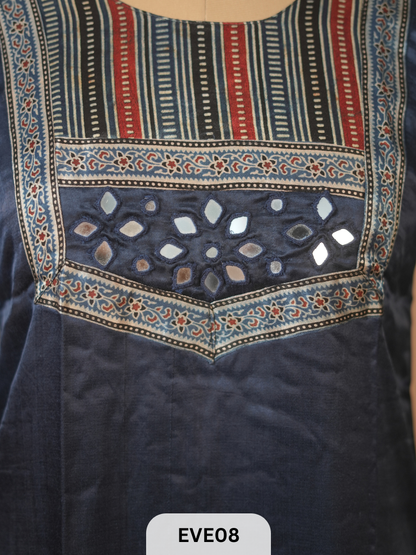 MASHRU KURTI WITH MIRROR WORK AND AJRAKH PRINT