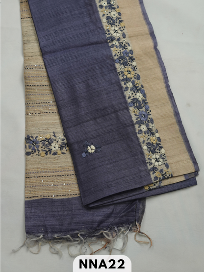Pure tussar silk with buillon hand embroidery saree