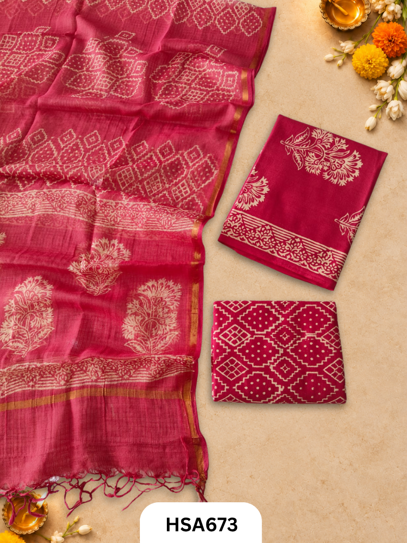 Handblock Printed Kota Doriya Dupatta With Cotton Suits Top 2.5mtr Dupatta 2.5mtr