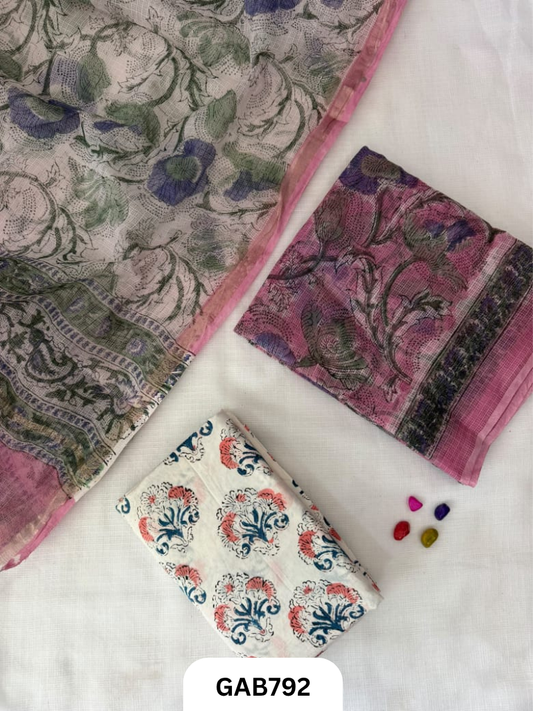 HandBlock Printed Kota Doriya Suit With Kota Doriya Duppta Cotton bottom | 2.5 mtr