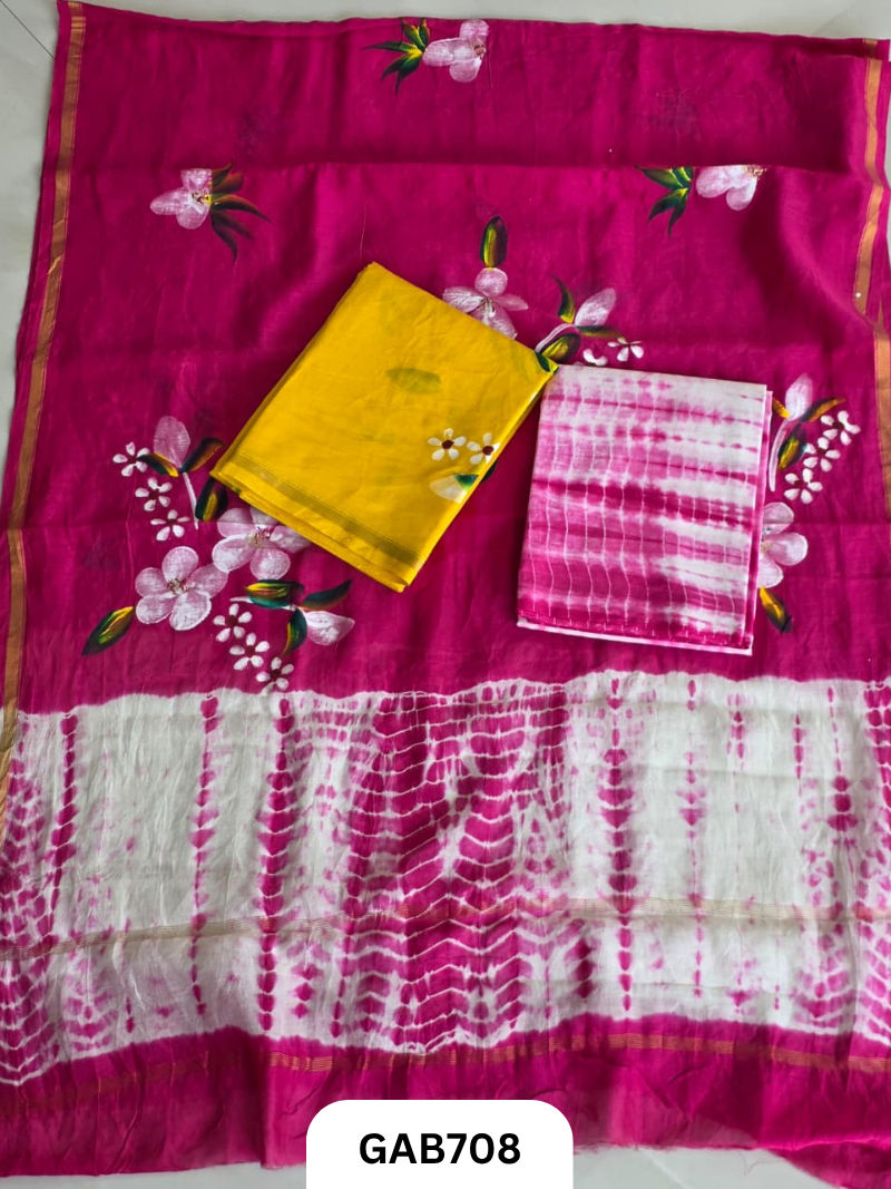 Hand Block Chanderi Silk Dress Materials Top 2.5 Mtrs Duptta 2.5 Mtrs