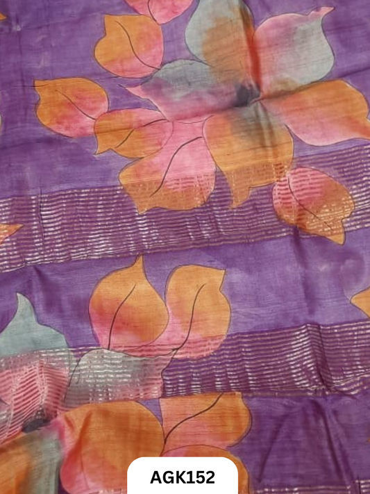 Premium Zari Border Tussar Hand-Painted Saree – Silk Mark Certified
