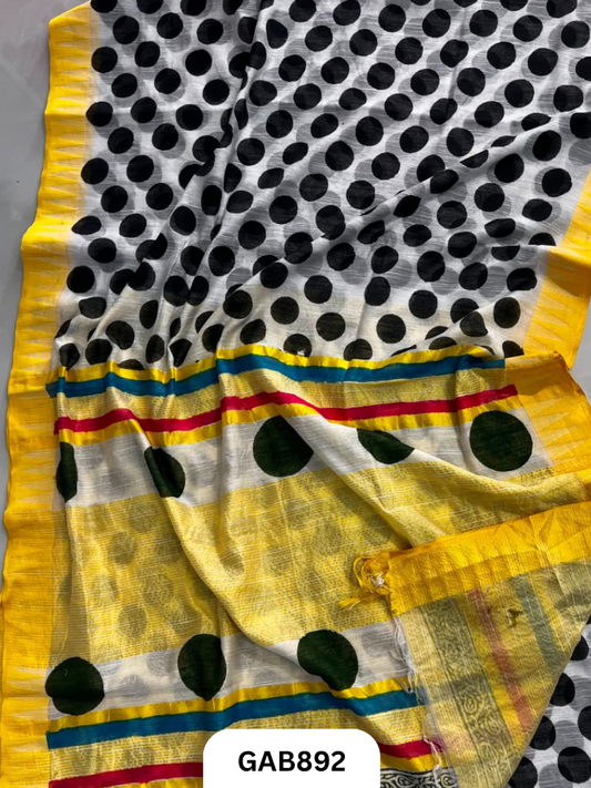 Temple Zari Border Hand Block Printed Katan Cotton Silk Saree With Running Blouse