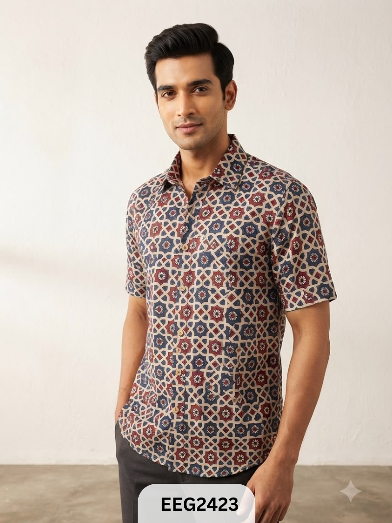 MODAL HANDBLOCK PRINT SHIRT WITH WOODEN BUTTON