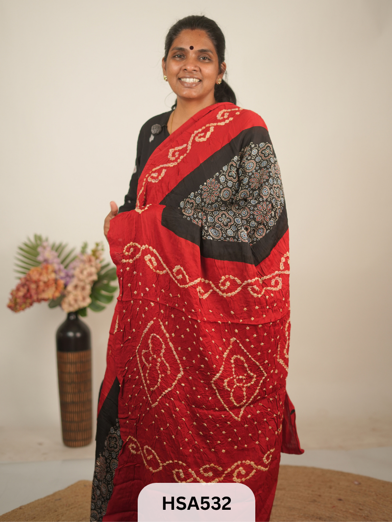 MODAL AJRAKH WITH BANDHINI SAREE