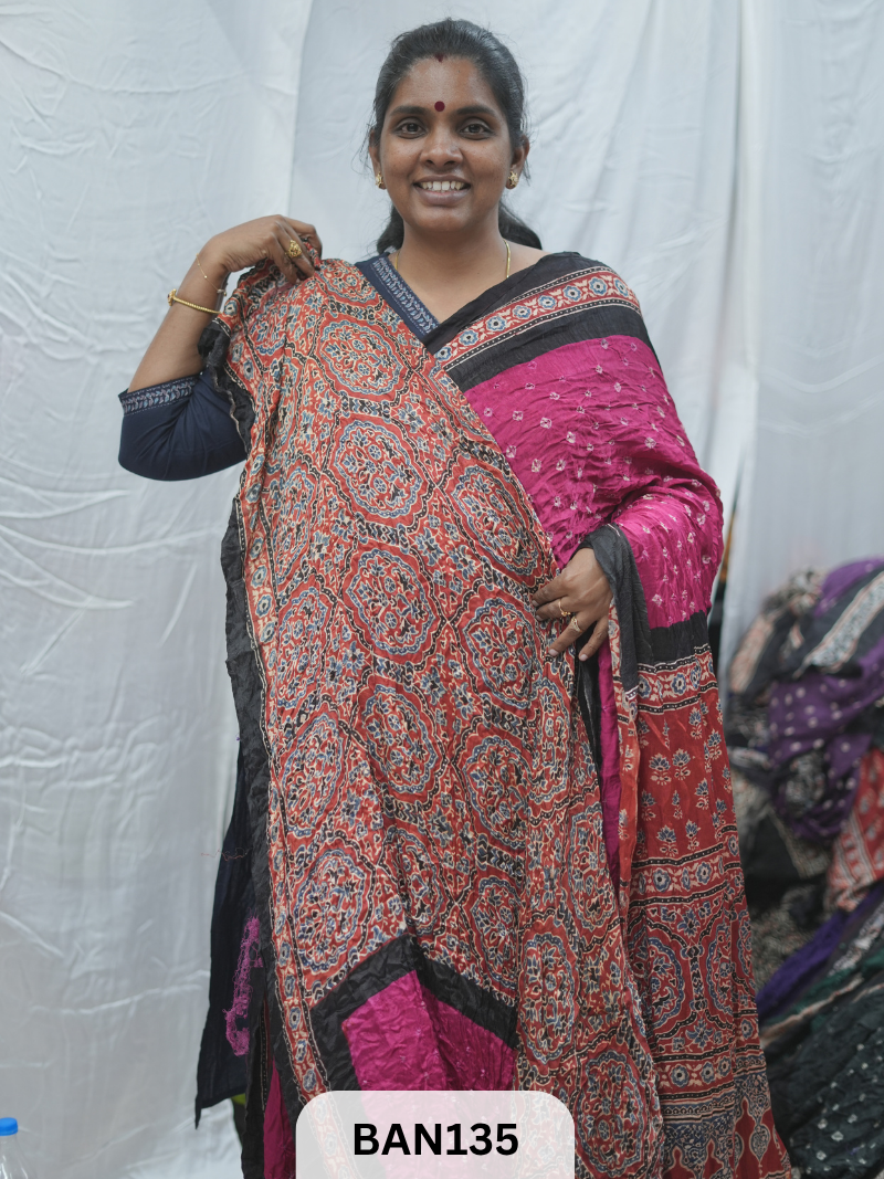 BANDHANI WITH AJRAKH SEMI GAJI SAREE