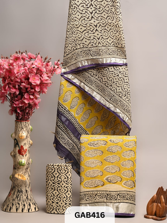 BAGRA HAND BLOCK PRINTED LINEN SUITS WITH ZARI BORDER - 3 pcs
