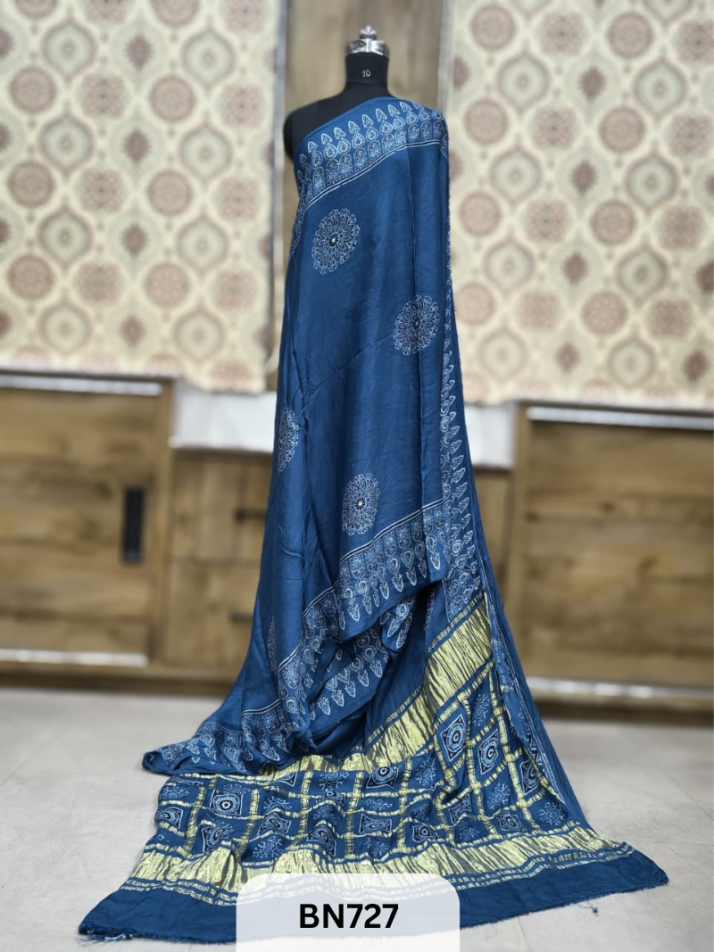 MODAL VISCOSE  AJRAKH PRINT CHECKS TISSUE PALLU SAREE