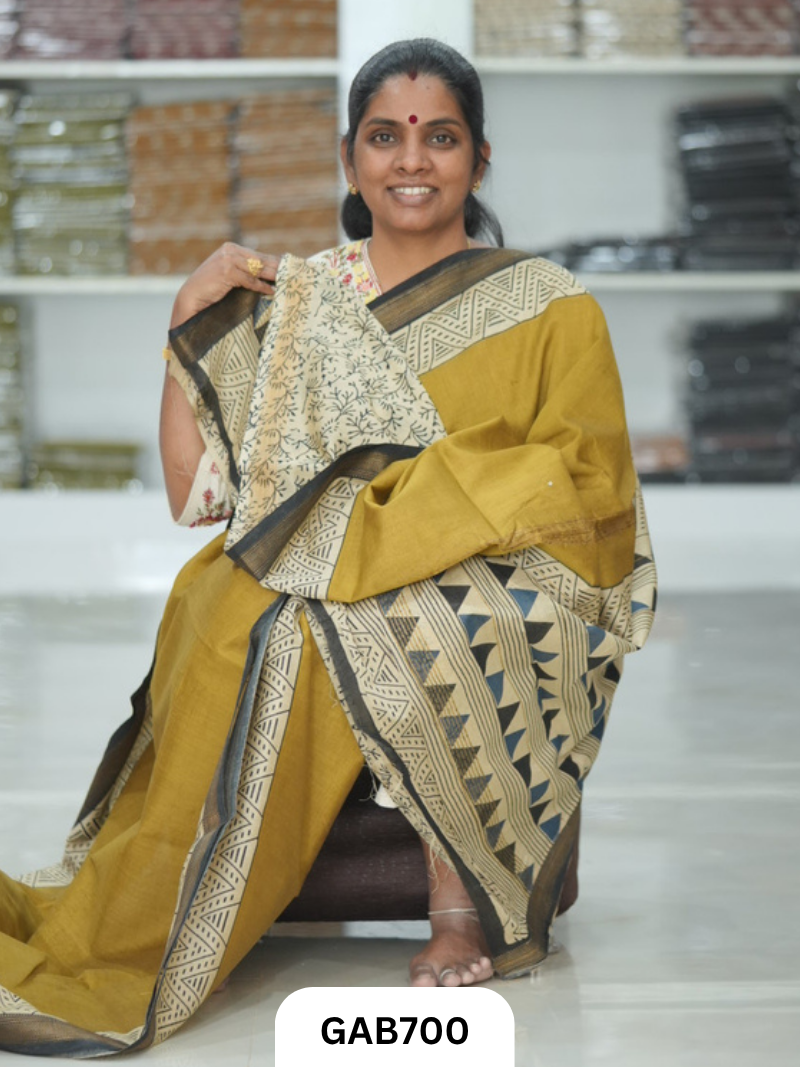 Hand Block Printed Maheshwari Silk Saree
