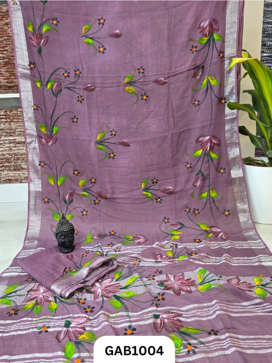 Bagru Handblock Print Linen Saree With Attached Blouse