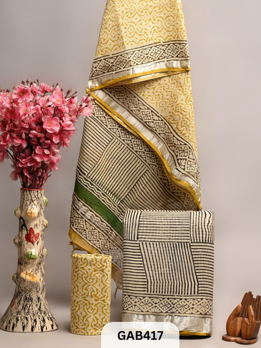 BAGRA HAND BLOCK PRINTED LINEN SUITS WITH ZARI BORDER - 3 pcs
