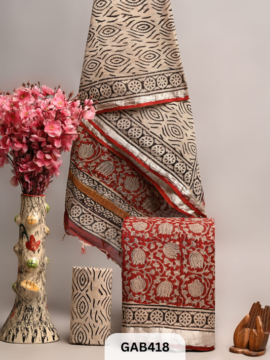 BAGRA HAND BLOCK PRINTED LINEN SUITS WITH ZARI BORDER - 3 pcs