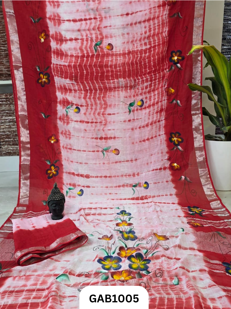 Bagru Handblock Print Linen Saree With Attached Blouse