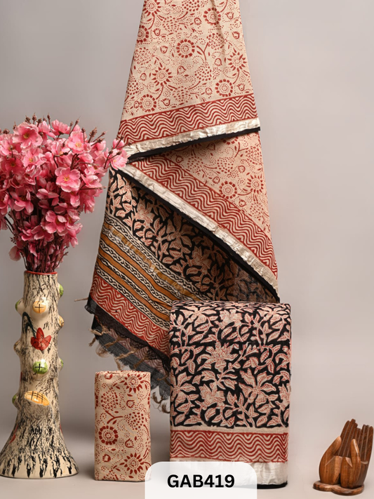 BAGRA HAND BLOCK PRINTED LINEN SUITS WITH ZARI BORDER - 3 pcs