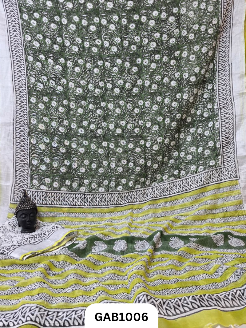 Bagru Handblock Print Linen Saree With Attached Blouse