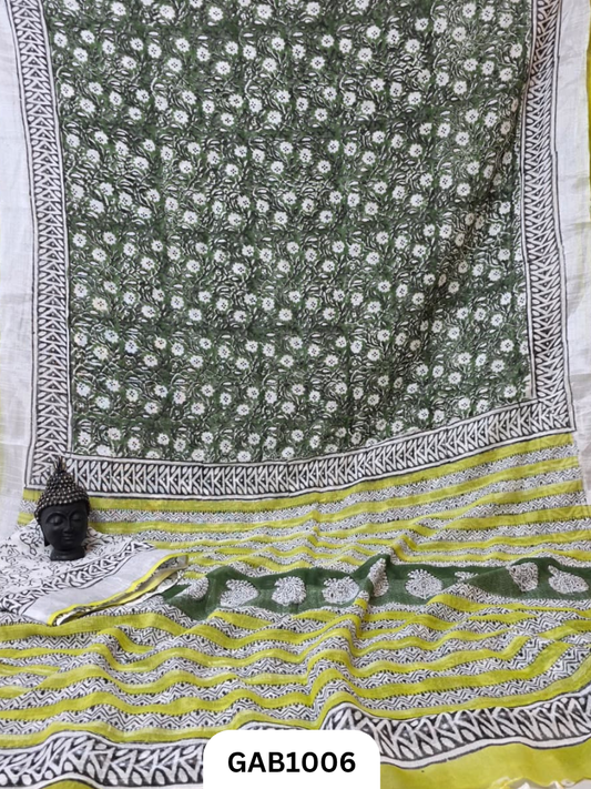 Bagru Handblock Print Linen Saree With Attached Blouse