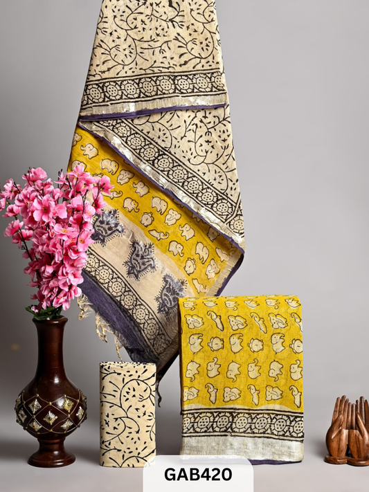 BAGRA HAND BLOCK PRINTED LINEN SUITS WITH ZARI BORDER - 3 pcs