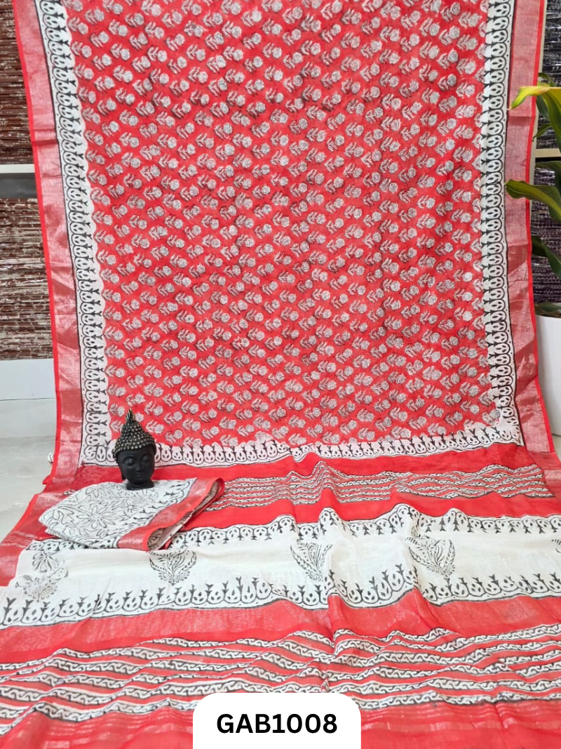 Bagru Handblock Print Linen Saree With Attached Blouse