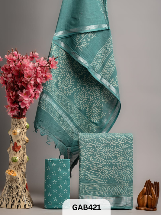 BAGRA HAND BLOCK PRINTED LINEN SUITS WITH ZARI BORDER - 3 pcs