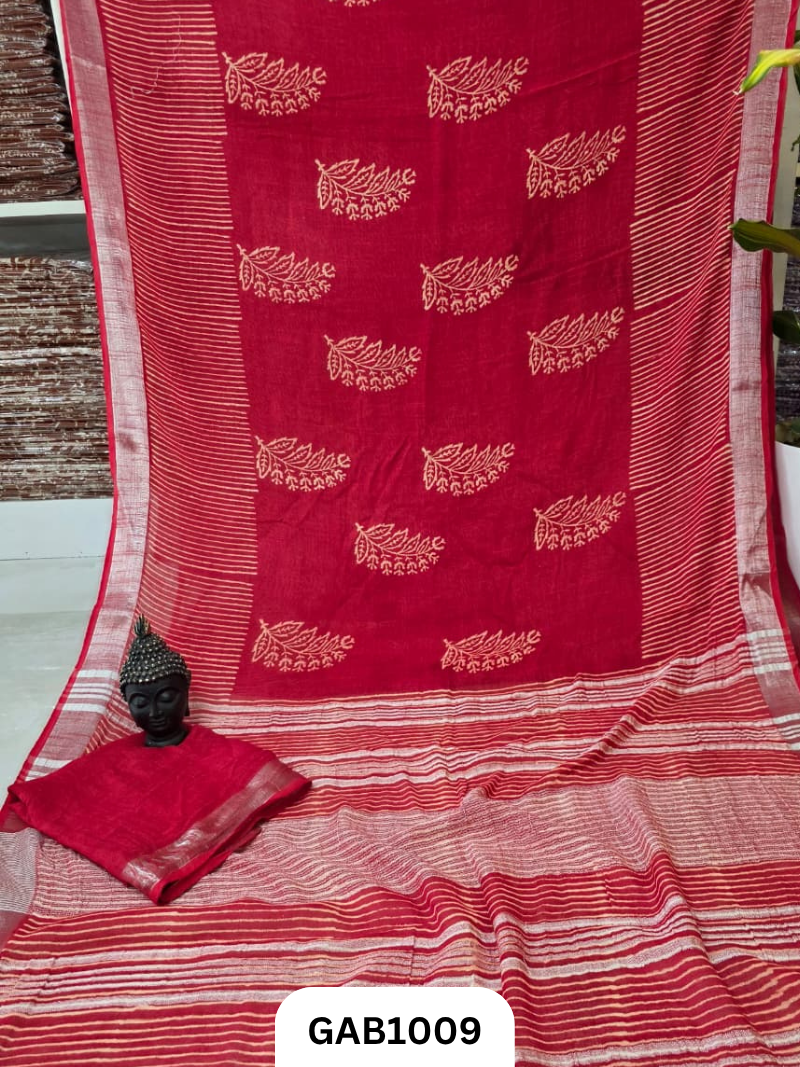 Bagru Handblock Print Linen Saree With Attached Blouse