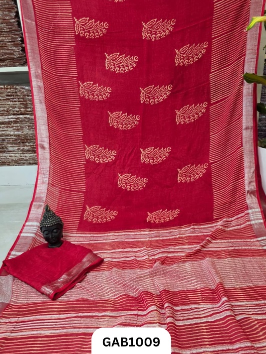 Bagru Handblock Print Linen Saree With Attached Blouse