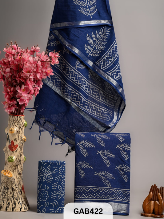 BAGRA HAND BLOCK PRINTED LINEN SUITS WITH ZARI BORDER - 3 pcs