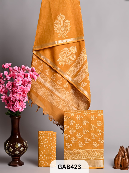 BAGRA HAND BLOCK PRINTED LINEN SUITS WITH ZARI BORDER - 3 pcs