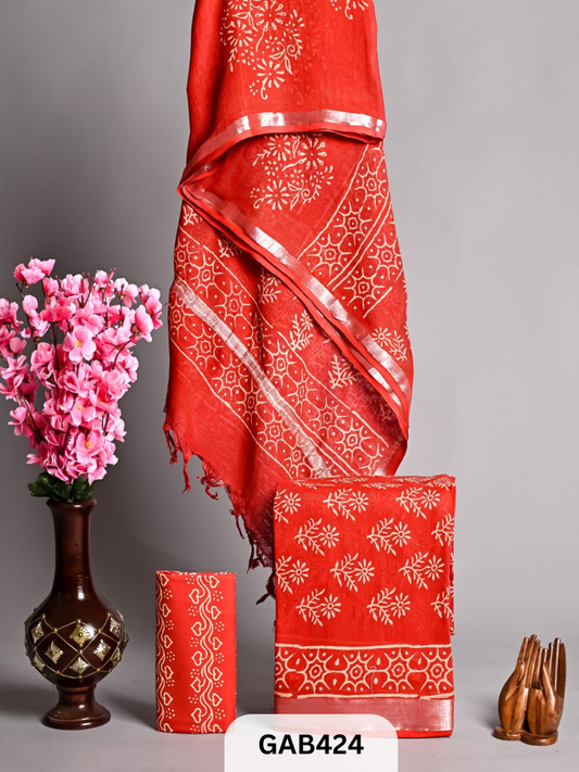 BAGRA HAND BLOCK PRINTED LINEN SUITS WITH ZARI BORDER - 3 pcs