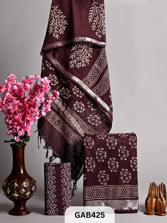 BAGRA HAND BLOCK PRINTED LINEN SUITS WITH ZARI BORDER - 3 pcs