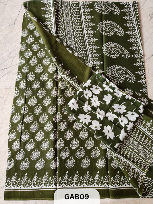 BAGRU PRINT COTTON MULMUL SAREES WITH BLOUSE-SAREE 5.5M +BLOUSE 1M