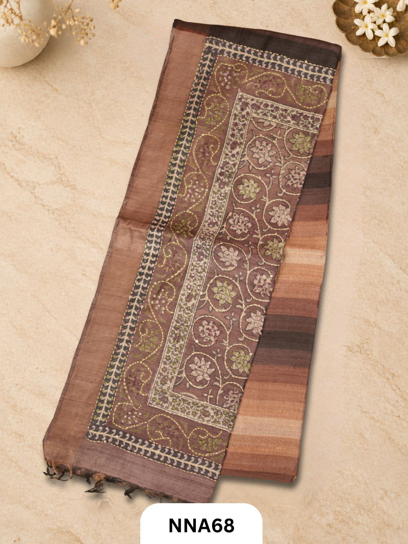 Handloom Pure Tussar Silk - Bullion With Kantha Stitch Saree
