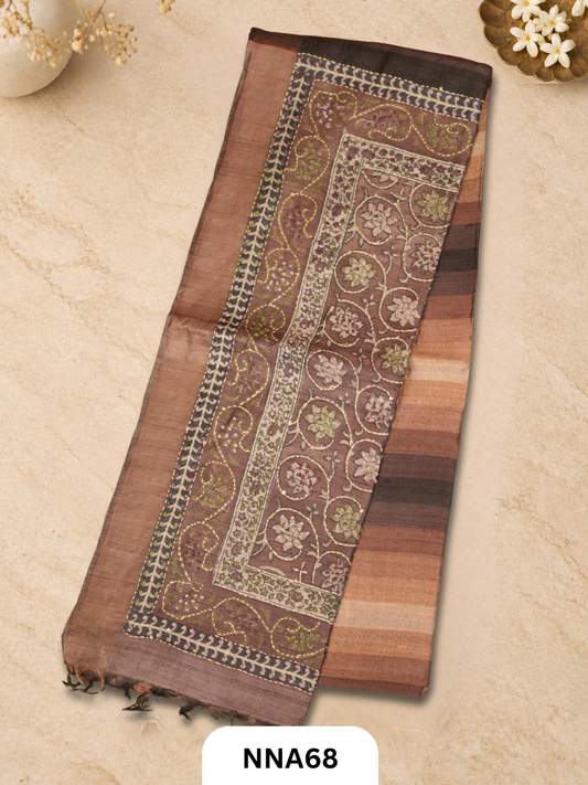 Handloom Pure Tussar Silk - Bullion With Kantha Stitch Saree