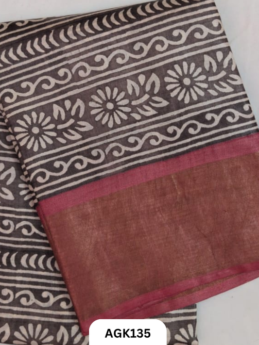 PREMIUM QUALITY  ZARI BORDER TUSSAR HAND BLOCK PRINTING WORK  WITH BLOUSE PIECE  SILK MARK CERTIFIED