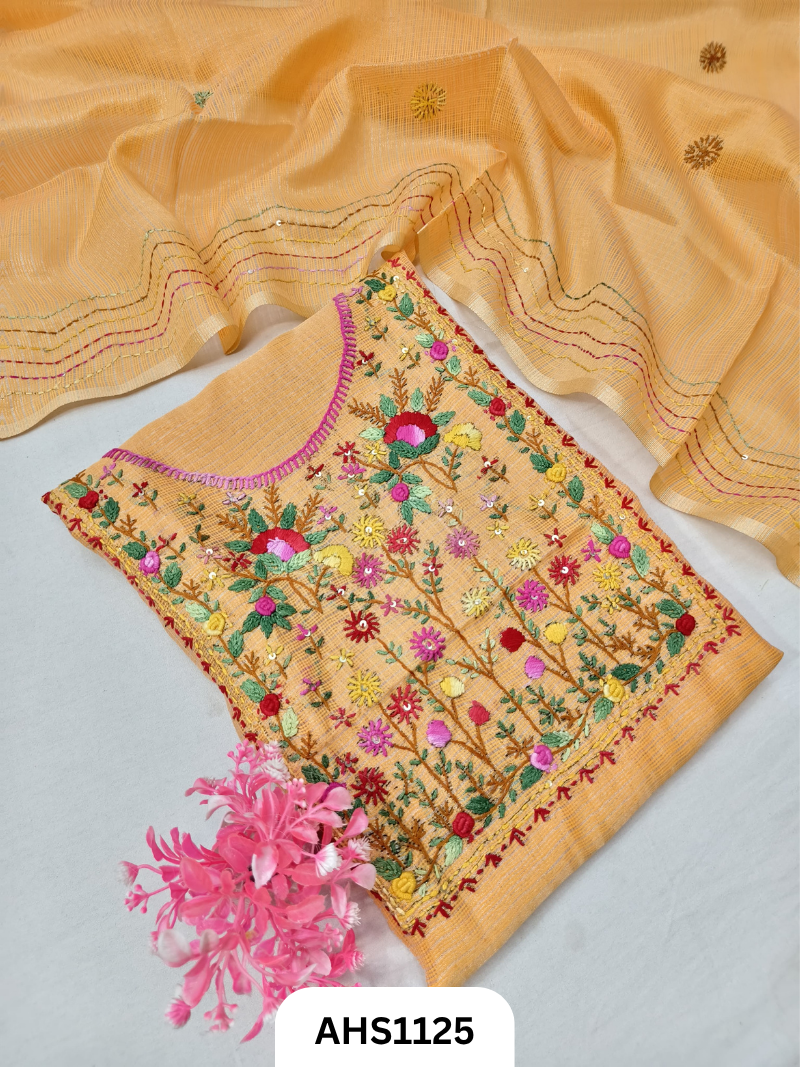 Tissue Kota Doria With Hand Fullkari Work Salwar Suit - Top & Duppatta 2.5mtr