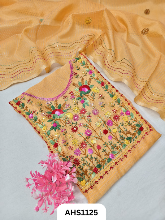 Tissue Kota Doria With Hand Fullkari Work Salwar Suit - Top & Duppatta 2.5mtr