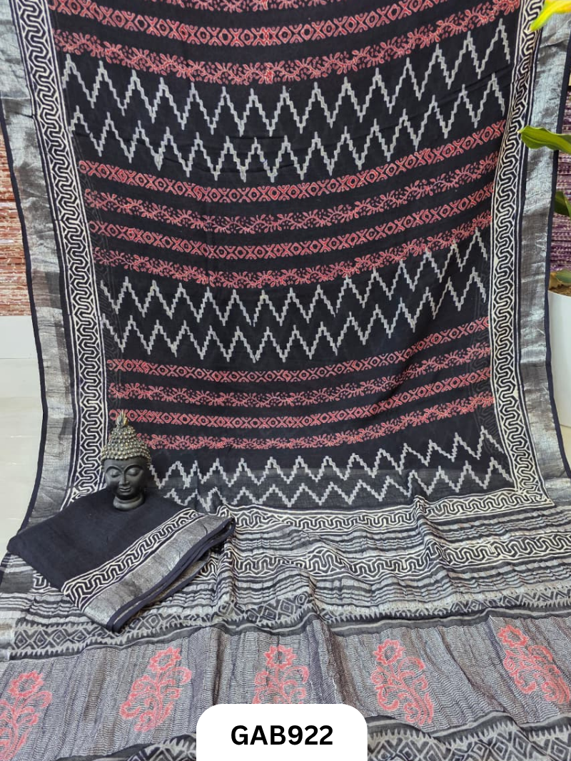 Bagru Handblock Print Linen Saree With Attached Blouse