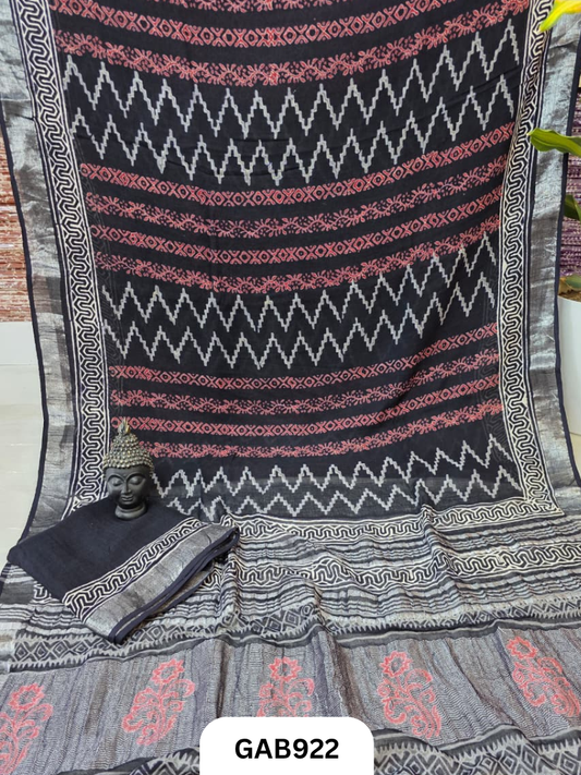 Bagru Handblock Print Linen Saree With Attached Blouse