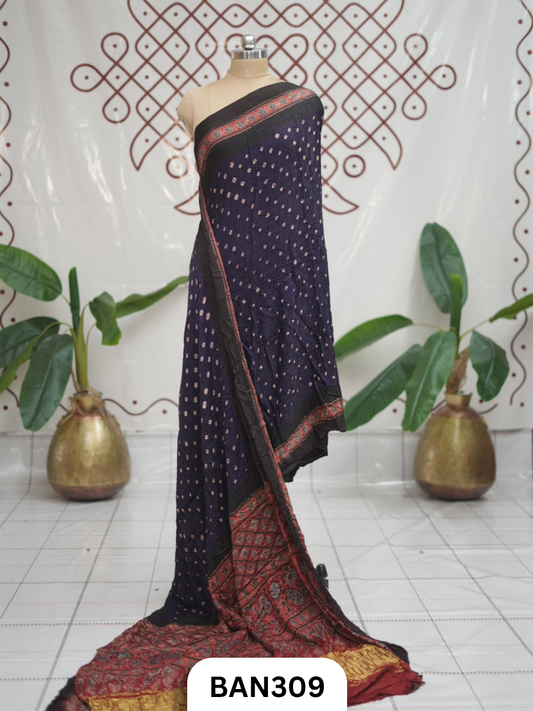 Modal Ajrakh With Bandhini Ladgi Patta Saree