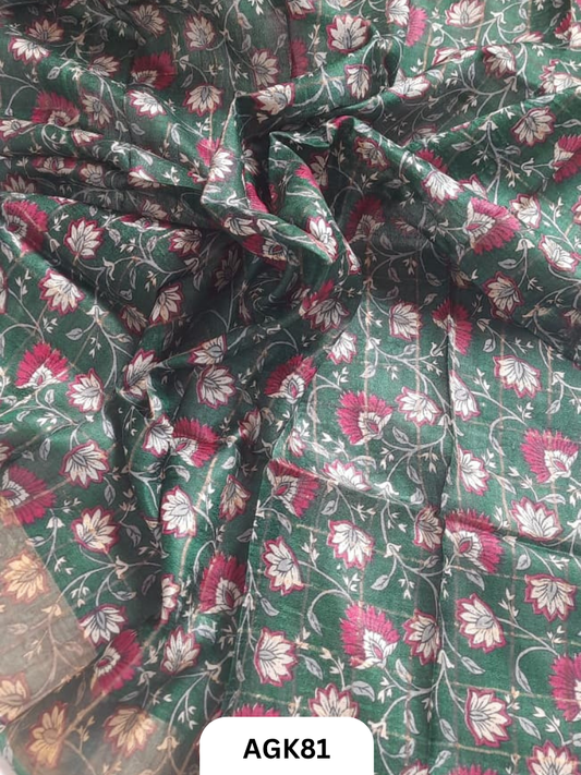 Premium Check Tussar Blouse Piece with Kalamkari Print – 80 CM
