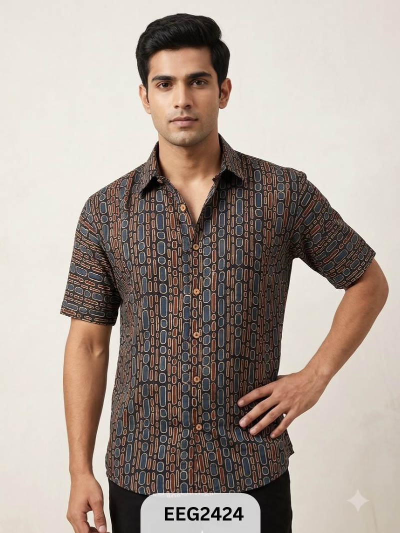 MODAL HANDBLOCK PRINT SHIRT WITH WOODEN BUTTON