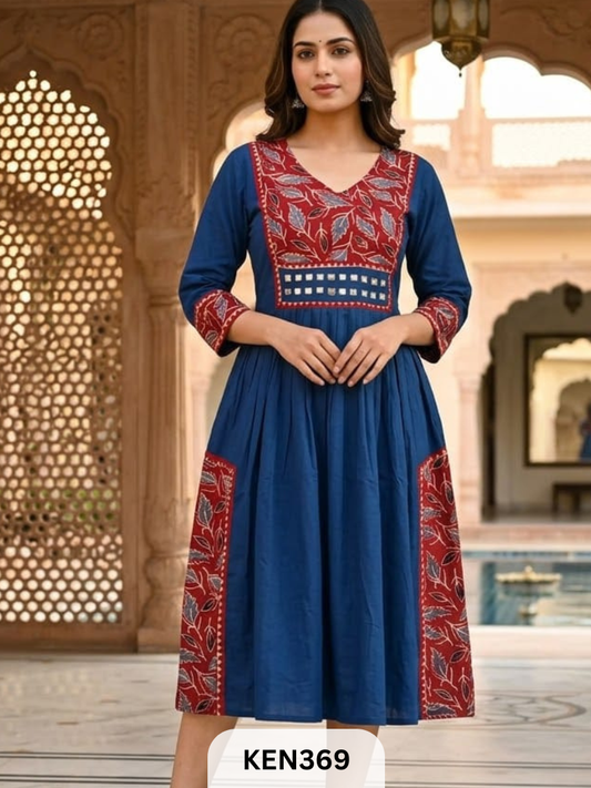 COTTON NATURAL &PLAIN COMBINATION FROCK STYLE KURTI WITH MIRROR WORK