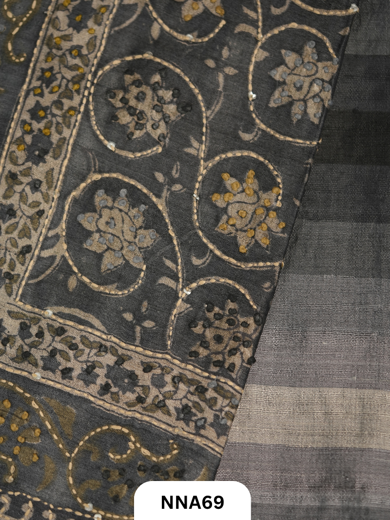 Handloom Pure Tussar Silk - Bullion With Kantha Stitch Saree