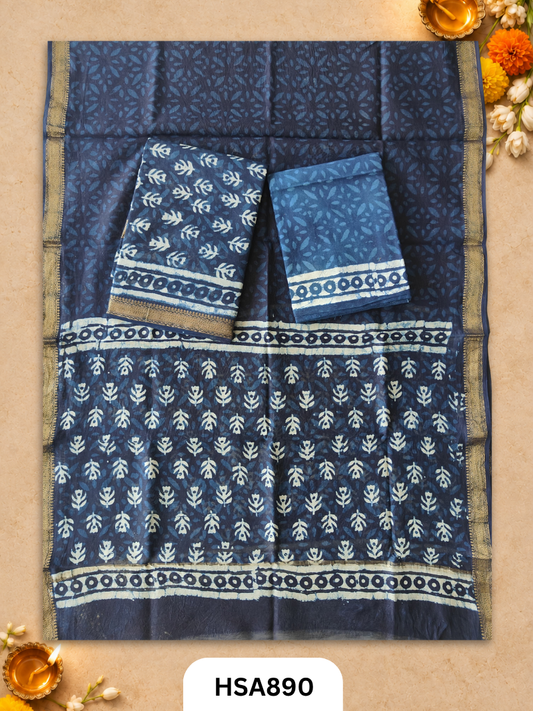 HandBlock Printed Maheshwari Silk Zari Border Top & dupttas 2.5 Mtrs | Bottom cotton 2.50 mtrs