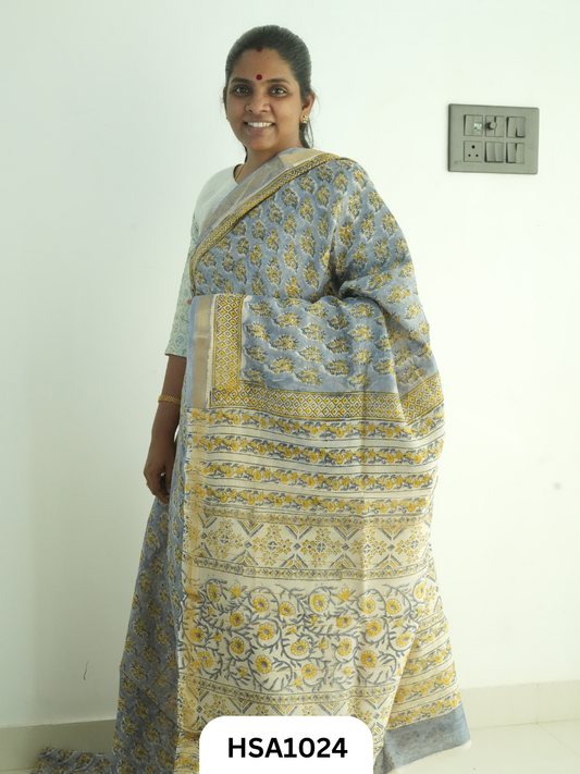 Pure Maheswari Silk Cotton - Handblock Print Saree With Blouse