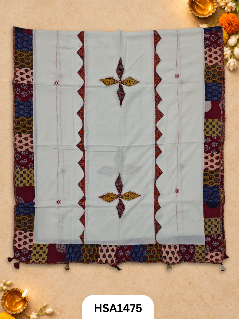Hand Block Barmeri Ajrakh Print Patch Work Duppata Length 2.50 meter