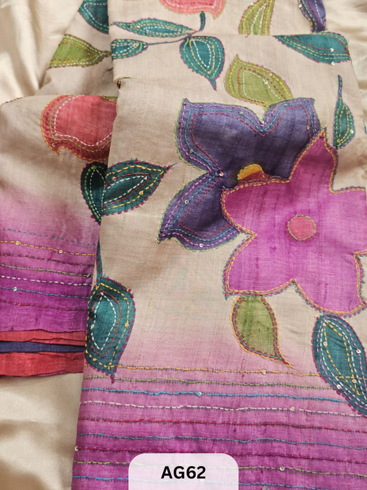 PURE GACHI TUSSAR WITH SPECIAL HAND PAINT| HAND KANTHA STITCH | SILK MARK