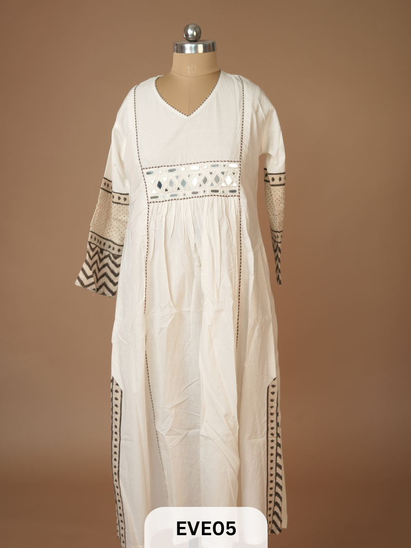 PLAIN COTTON KURTI WITH MIRROR WORK AND AJRAKH PRINT