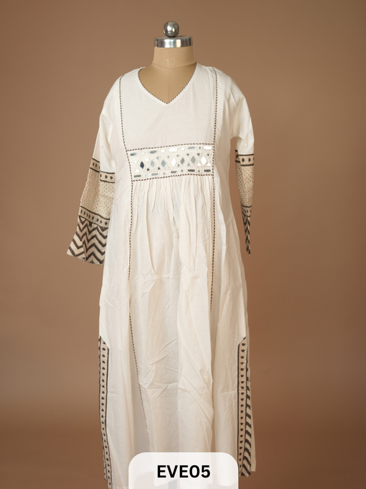 PLAIN COTTON KURTI WITH MIRROR WORK AND AJRAKH PRINT