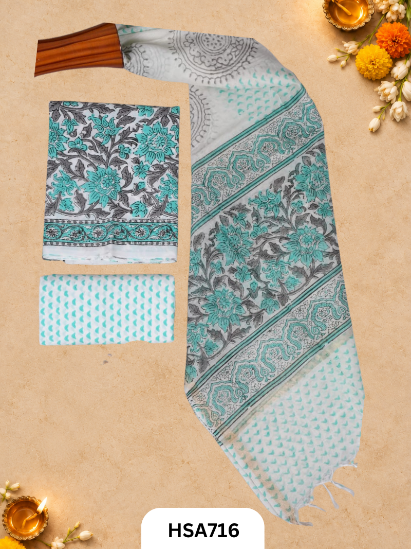 HandBlock Printed Chanderi Silk Dupatta With Cotton Suits -Top 2.5M Duptta 2.5M